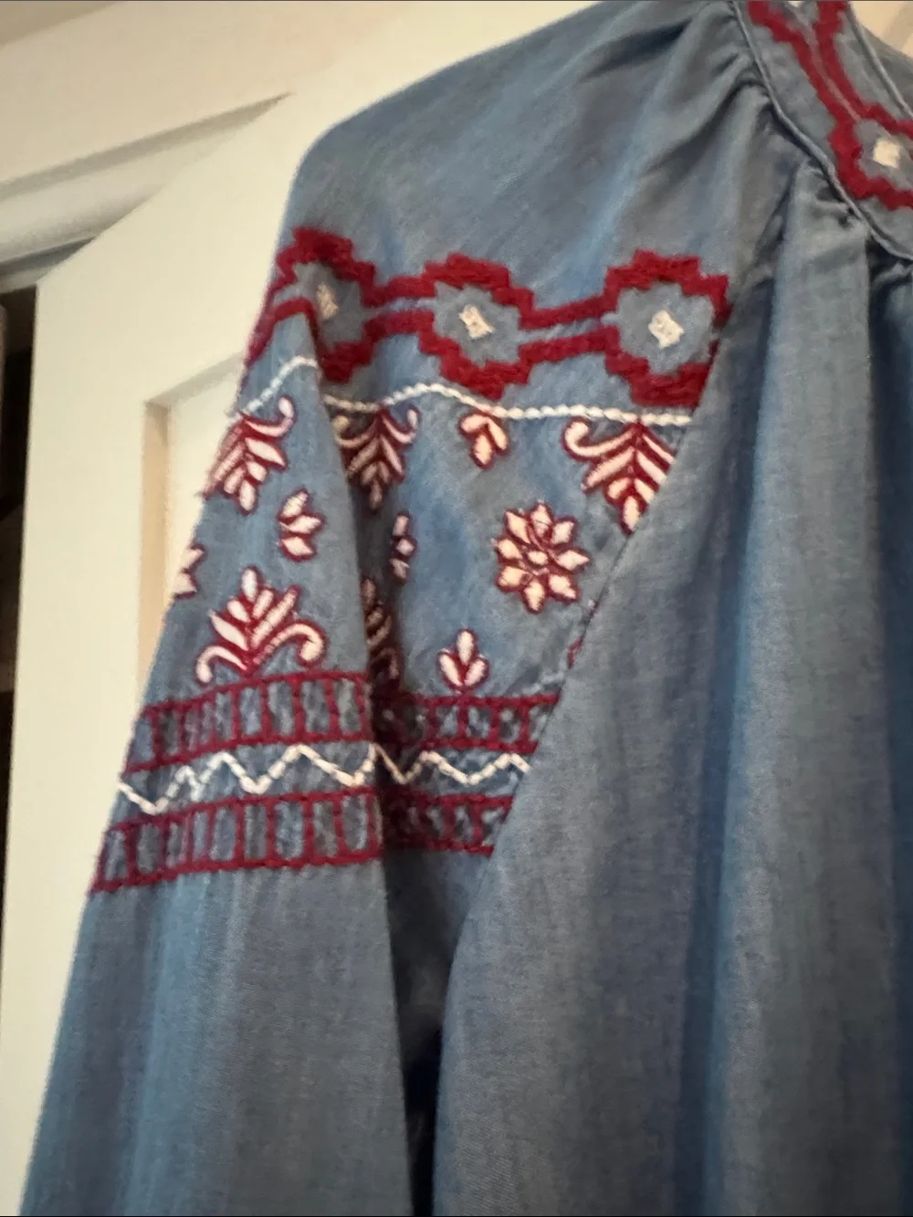 Style & Co. Blue Embroidered Peasant Blouse with Red Trim - Picture 4 of 6
